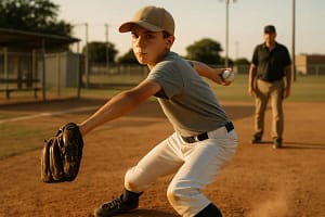 Young Texas Pitchers practicing bullpen routines with a coach on a sunny baseball field