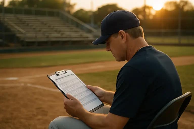 Parent and coach checking a youth sports schedule near bleachers