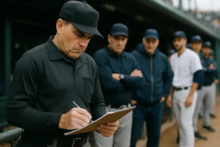 Assistant coaches talking near the foul line before baseball practice