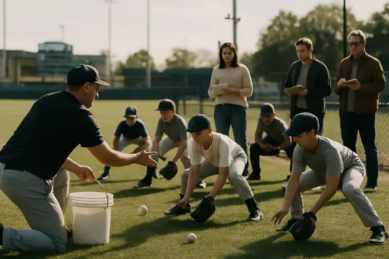 Youth baseball team gathers before a tournament game with coaches nearby