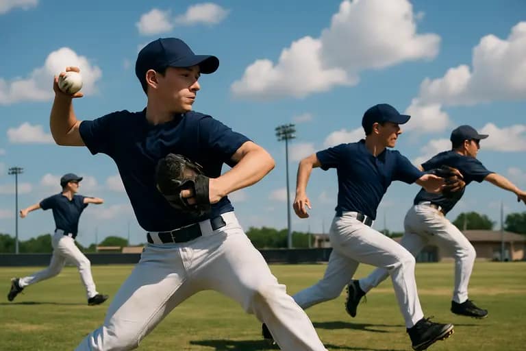 Youth baseball team stretching along the foul line before pitching work