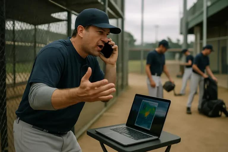 Coach sending a team update from beside a wet baseball diamond