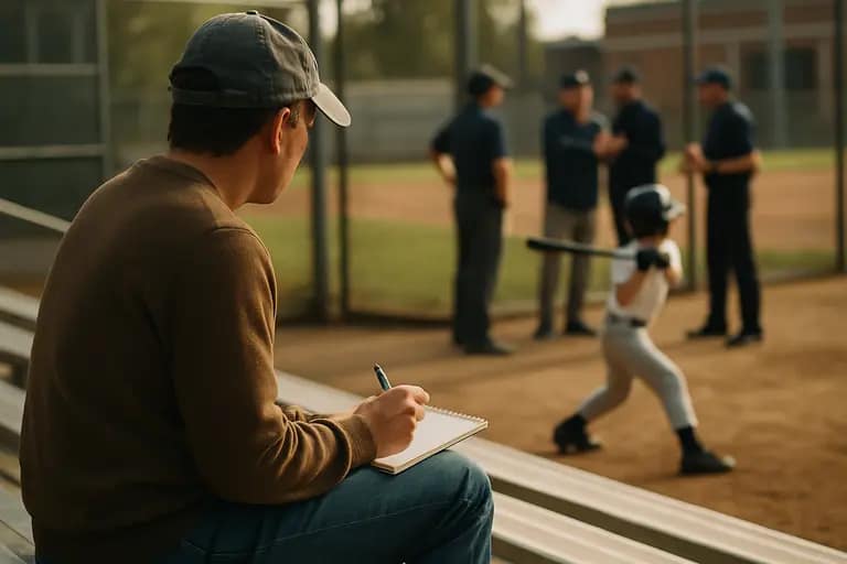 Parent and player reviewing camp questions beside baseball equipment
