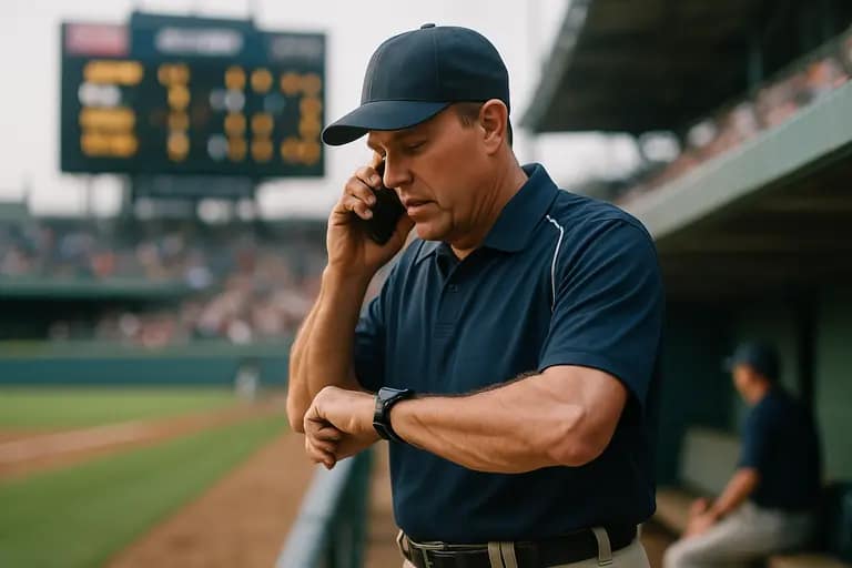 Two coaches comparing scorebook notes between innings