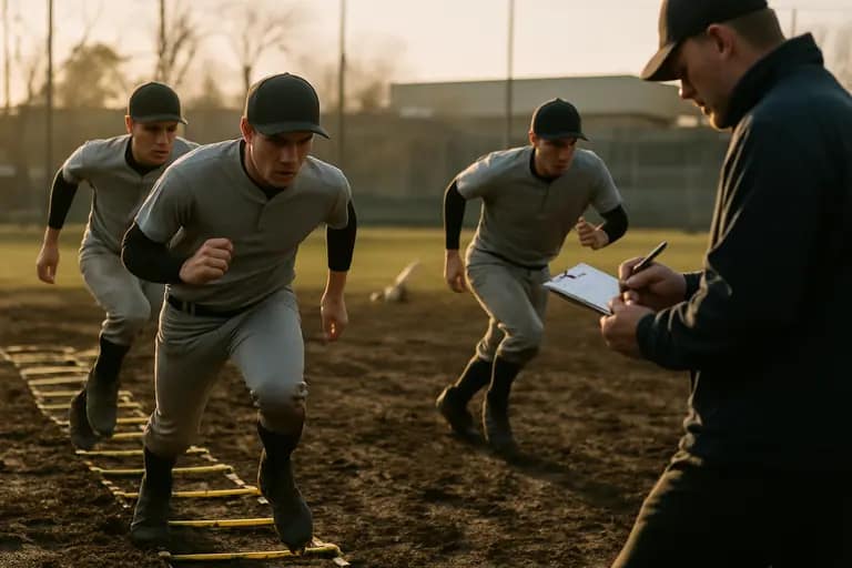 young pitcher practicing balance drills beside a mound with a coach watching