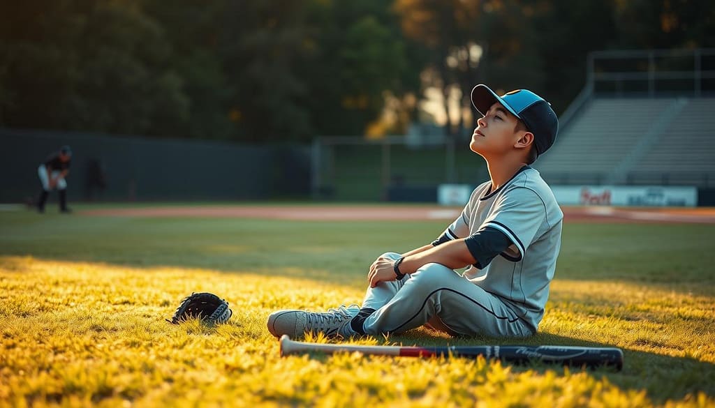 A focused young baseball player in a modest, casual athletic outfit sits cross-legged on a grassy field, eyes closed in deep concentration, practicing a mental visualization routine. In the foreground, a baseball glove and bat rest nearby, symbolizing the physical aspects of the game. In the middle, a soft golden light filters through the trees, creating a serene atmosphere as the sun sets, casting warm shadows. The background reveals a faint outline of a baseball diamond and bleachers, emphasizing the setting without distraction. The scene exudes calm, determination, and a sense of focused energy, highlighting the importance of mental skills in baseball. The angle is slightly elevated, providing a comprehensive view of the player and the environment.