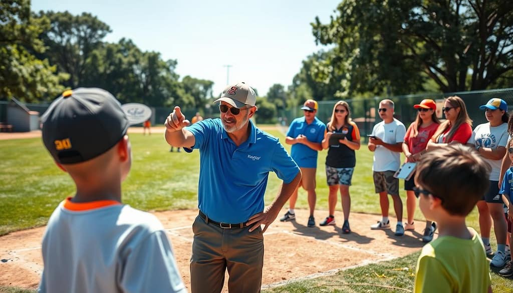 A vibrant outdoor scene of a youth baseball training session, focusing on a diverse group of enthusiastic volunteers guiding young players. In the foreground, a volunteer in a blue polo shirt demonstrates a pitching technique to a young player in a cap. The middle ground features several volunteers engaging in drills, clipboard in hand, providing tips, all wearing casual athletic attire. The background showcases a sunny baseball diamond with green grass and a bright blue sky, framed by trees. Soft natural lighting enhances the positive atmosphere, while a wide-angle view captures the bustling activity and teamwork. The mood is encouraging and energetic, highlighting the spirit of community involvement in youth sports.