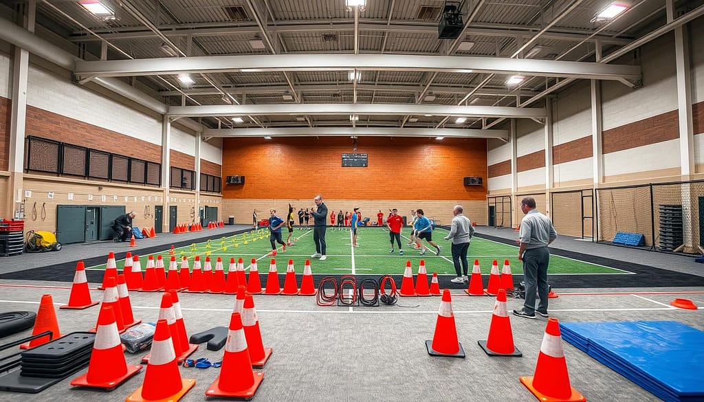A well-organized indoor sports training station at DFW, showcasing various warm-up stations and storage areas for coaches. In the foreground, neatly arranged equipment like cones, agility ladders, and mats are staged for easy access. The middle zone features multiple defined warm-up areas, with athletes in professional sportswear engaging in drills, demonstrating a focus on training. Coaches in modest clothing oversee the activities, ensuring effective traffic flow among the stations. The background depicts the facility’s layout with high ceilings, bright overhead lighting highlighting the clean, modern environment. A wide-angle perspective creates a dynamic atmosphere, evoking a sense of energy and organized chaos essential for youth training.