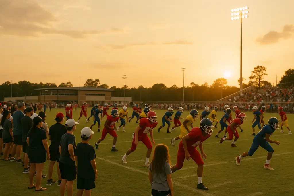 Conroe All-American Games players warming up on a Texas youth baseball field