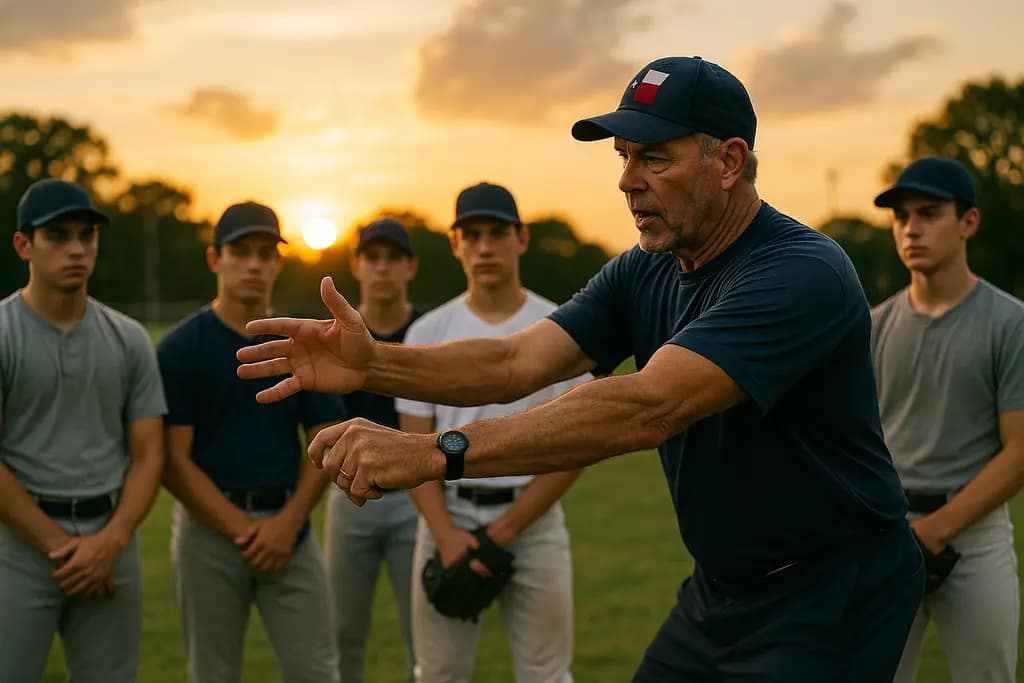Five Tool Texas players warming up before a youth baseball tournament game
