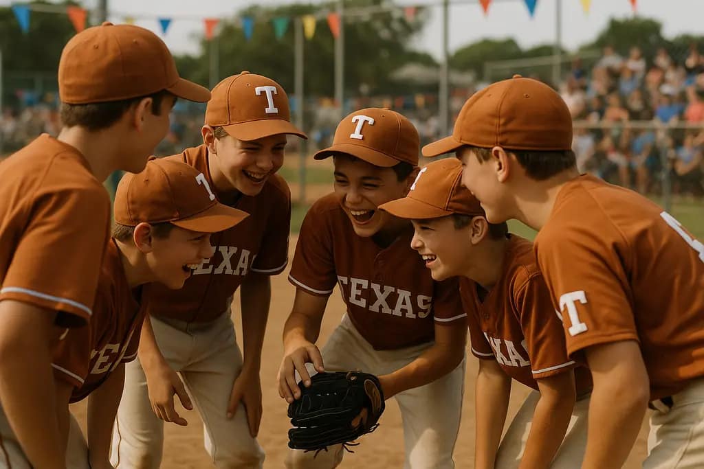 Texas youth team preparing for national tournaments with gear bags near a ballfield