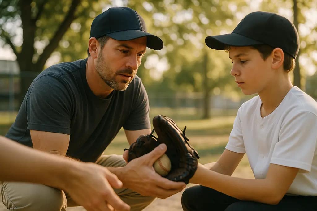 Wildcatters Baseball lessons shown through youth players meeting with a coach near the dugout