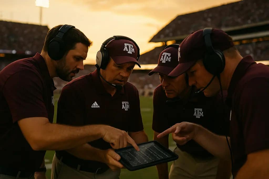 Texas A&M selections discussion with youth coaches beside a baseball field