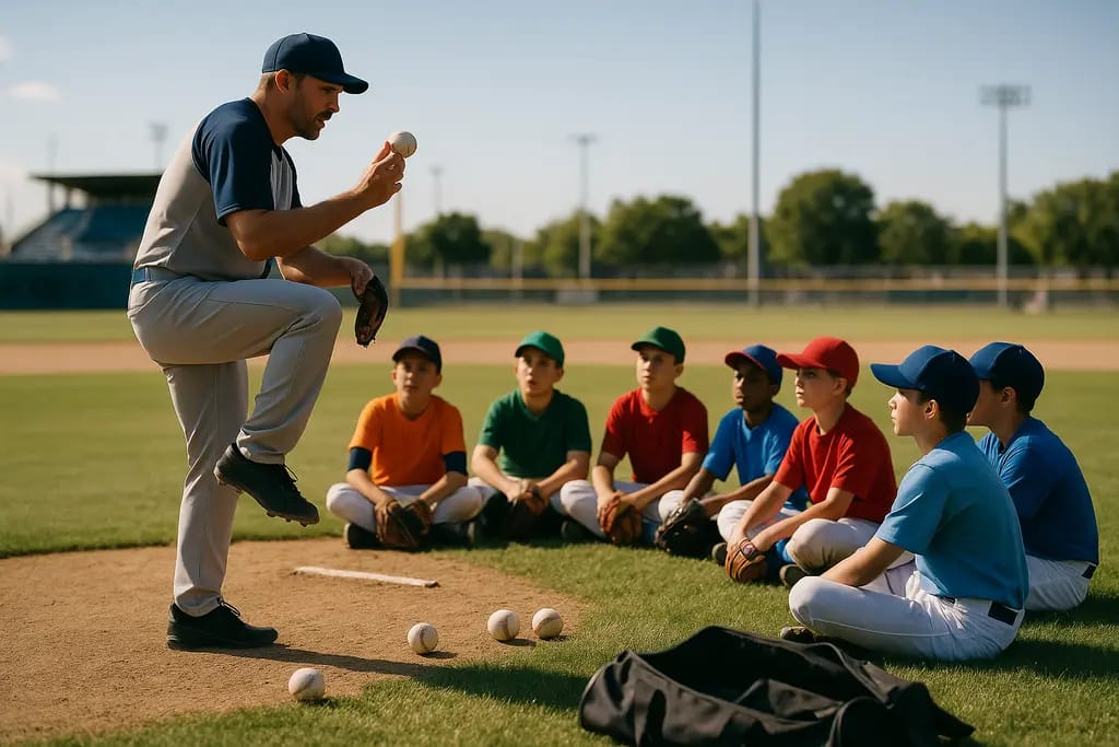 Texas Youth Baseball Practice with players rotating through fielding stations