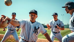 A focused scene of a baseball communication drill featuring players in matching team uniforms engaged in a cut relay training session. In the foreground, a player is mid-action, throwing the ball, with intense concentration on their face, while in the middle, two other players are strategizing their moves, displaying clear communication gestures. The background shows a baseball field with a vibrant green grass infield and a bright blue sky overhead, indicative of a sunny day. Soft, natural lighting enhances the players' expressions and the shiny details of their uniforms. The overall atmosphere conveys teamwork and determination, emphasizing the importance of communication and decision-making in game-speed defense. The perspective is from a low angle, capturing the dynamic movement and intensity of the drill.