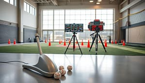 A well-organized baseball testing protocols equipment setup in an indoor sports facility. In the foreground, a sleek pitching machine positioned on a smooth, polished floor, with colorful baseballs scattered around it. The middle ground features a high-tech radar gun on a tripod, measuring exit velocity, and a digital scoreboard displaying various metrics like pop time and run splits. Background elements include training cones and nets, with a large window allowing natural light to filter in, creating a bright and motivating atmosphere. The scene is captured with a shallow depth of field, emphasizing the equipment, and the overall mood is dynamic, professional, and focused on youth training. The image should convey a sense of innovation and preparedness in sports training environments.