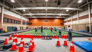 A well-organized indoor sports training station at DFW, showcasing various warm-up stations and storage areas for coaches. In the foreground, neatly arranged equipment like cones, agility ladders, and mats are staged for easy access. The middle zone features multiple defined warm-up areas, with athletes in professional sportswear engaging in drills, demonstrating a focus on training. Coaches in modest clothing oversee the activities, ensuring effective traffic flow among the stations. The background depicts the facility’s layout with high ceilings, bright overhead lighting highlighting the clean, modern environment. A wide-angle perspective creates a dynamic atmosphere, evoking a sense of energy and organized chaos essential for youth training.