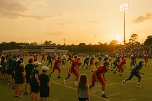 Conroe All-American Games players warming up on a Texas youth baseball field