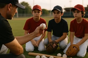 Five Tool Texas youth players warming up on a sunny Texas baseball field