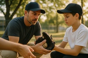 Wildcatters Baseball lessons shown through youth players meeting with a coach near the dugout