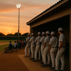 Texas high school players line the dugout fence during a summer baseball game