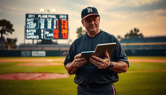 A baseball coach standing on a well-maintained baseball field, examining a digital tablet displaying player performance metrics. In the foreground, the coach, dressed in professional coaching attire, appears focused and engaged. The middle ground features a scoreboard in the background, subtly lit with numbers indicating key performance indicators (KPIs), like batting averages and on-base percentages. Lush green grass and neatly lined baselines add to the setting. Soft, golden hour lighting creates a warm, motivational atmosphere. The angle is slightly low, emphasizing the coach's determination and the importance of data in player development. The scene conveys a sense of professionalism and dedication to individualized coaching practices. A baseball coach standing on a well-maintained baseball field, examining a digital tablet displaying player performance metrics. In the foreground, the coach, dressed in professional coaching attire, appears focused and engaged. The middle ground features a scoreboard in the background, subtly lit with numbers indicating key performance indicators (KPIs), like batting averages and on-base percentages. Lush green grass and neatly lined baselines add to the setting. Soft, golden hour lighting creates a warm, motivational atmosphere. The angle is slightly low, emphasizing the coach's determination and the importance of data in player development. The scene conveys a sense of professionalism and dedication to individualized coaching practices.
