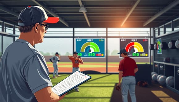 A detailed illustration of a "Bullpen RPE scale feedback system" in a modern baseball bullpen setting. In the foreground, a professional coach in a baseball cap and modest athletic wear observes players, holding a clipboard with metrics. The middle ground features young pitchers practicing their throws, with visual indicators of their RPE (Rate of Perceived Exertion) scores represented as colorful graphs or scales on digital screens. In the background, a well-lit bullpen area showcases baseball equipment, like balls and gloves, under a soft afternoon sun. The atmosphere conveys focus and dedication, emphasizing both performance and feedback loops, with a subtle depth of field effect to draw attention to the action in the bullpen. A detailed illustration of a "Bullpen RPE scale feedback system" in a modern baseball bullpen setting. In the foreground, a professional coach in a baseball cap and modest athletic wear observes players, holding a clipboard with metrics. The middle ground features young pitchers practicing their throws, with visual indicators of their RPE (Rate of Perceived Exertion) scores represented as colorful graphs or scales on digital screens. In the background, a well-lit bullpen area showcases baseball equipment, like balls and gloves, under a soft afternoon sun. The atmosphere conveys focus and dedication, emphasizing both performance and feedback loops, with a subtle depth of field effect to draw attention to the action in the bullpen.