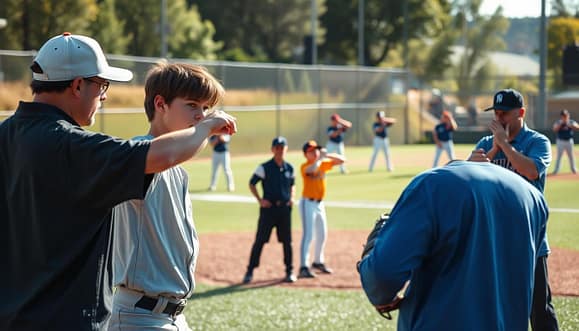 A detailed training scene showcasing youth pitchers engaged in mechanics modules for optimal command training. In the foreground, a focused young athlete in a modest athletic uniform performs a pitching motion, emphasizing proper lower-half mechanics and trunk timing. Nearby, a coach in professional attire observes intently, providing guidance and feedback. In the middle ground, a group of young players practices their form, demonstrating a variety of pitching stances. The background features a well-maintained baseball field under bright, natural sunlight, highlighting coaches and players in dynamic poses. The atmosphere is energetic and motivational, capturing the dedication and teamwork essential for improving pitching skills. Use a slightly elevated angle to create depth, with soft, diffused lighting to enhance the focus on the mechanics being practiced. A detailed training scene showcasing youth pitchers engaged in mechanics modules for optimal command training. In the foreground, a focused young athlete in a modest athletic uniform performs a pitching motion, emphasizing proper lower-half mechanics and trunk timing. Nearby, a coach in professional attire observes intently, providing guidance and feedback. In the middle ground, a group of young players practices their form, demonstrating a variety of pitching stances. The background features a well-maintained baseball field under bright, natural sunlight, highlighting coaches and players in dynamic poses. The atmosphere is energetic and motivational, capturing the dedication and teamwork essential for improving pitching skills. Use a slightly elevated angle to create depth, with soft, diffused lighting to enhance the focus on the mechanics being practiced.