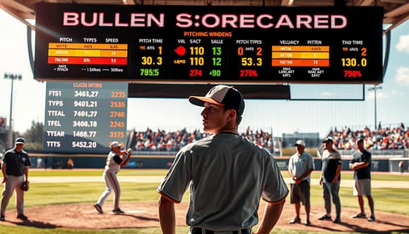 A detailed visualization of a bullpen scorecard, showcasing key pitching metrics and velocity windows. In the foreground, a sleek digital scoreboard displays real-time data like pitch types, speeds, and accuracy percentages, illuminated with bright, contrasting colors. The middle ground features a youth baseball pitcher in a professional, modest uniform, focusing intently while throwing a pitch, surrounded by coaches and teammates observing from the sidelines, all in casual sports attire. In the background, a well-maintained baseball field under a bright, sunny sky, with a hint of a colorful audience in the stands. The scene conveys an atmosphere of focus and determination, with soft sunlight filtering through, highlighting the dynamic elements of youth pitching training. The overall mood is energetic and motivational, suitable for inspiring young athletes. A detailed visualization of a bullpen scorecard, showcasing key pitching metrics and velocity windows. In the foreground, a sleek digital scoreboard displays real-time data like pitch types, speeds, and accuracy percentages, illuminated with bright, contrasting colors. The middle ground features a youth baseball pitcher in a professional, modest uniform, focusing intently while throwing a pitch, surrounded by coaches and teammates observing from the sidelines, all in casual sports attire. In the background, a well-maintained baseball field under a bright, sunny sky, with a hint of a colorful audience in the stands. The scene conveys an atmosphere of focus and determination, with soft sunlight filtering through, highlighting the dynamic elements of youth pitching training. The overall mood is energetic and motivational, suitable for inspiring young athletes.