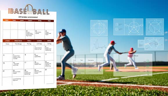 A detailed, visually appealing calendar layout designed for baseball biomechanics assessment. In the foreground, include a professional-looking calendar, with neatly organized sections denoting different assessment dates and athlete focus areas, such as pitching mechanics and swing analysis. In the middle, depict a baseball field with players in motion, dressed in modest athletic apparel, showcasing various biomechanics assessments like throwing and batting techniques. In the background, a bright blue sky enhances the field setting, while subtle diagrams and charts illustrating biomechanics concepts are lightly superimposed to provide depth. Utilize soft, natural lighting to create a warm, inviting atmosphere, suggesting a positive, collaborative environment for coaching and skill improvement. The overall tone should be informative and motivational, appealing to coaches and players alike.