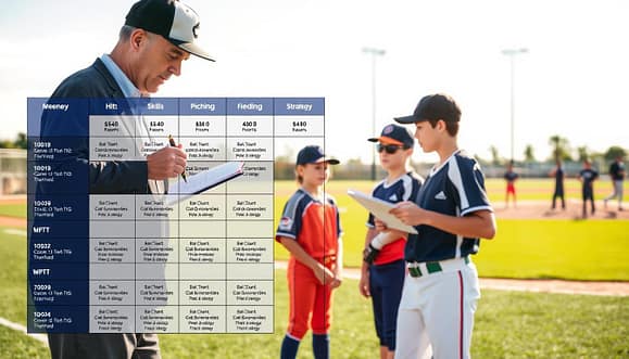 A detailed, visually engaging illustration of a weekly baseball practice periodization schedule designed for youth training programs. In the foreground, a neatly organized chart displays various practice sessions, labeled with specific skills and activities such as hitting, pitching, fielding, and strategy. In the middle ground, a coach in professional athletic attire examines the schedule while writing notes, alongside young players in practice gear, all appearing focused and enthusiastic. The background depicts a well-maintained baseball field under bright, natural lighting, creating an energetic and motivational atmosphere. The composition emphasizes structure and professionalism, with the schedule's layout clearly visible yet artistically integrated into the scene, featuring clean lines and professional design. A detailed, visually engaging illustration of a weekly baseball practice periodization schedule designed for youth training programs. In the foreground, a neatly organized chart displays various practice sessions, labeled with specific skills and activities such as hitting, pitching, fielding, and strategy. In the middle ground, a coach in professional athletic attire examines the schedule while writing notes, alongside young players in practice gear, all appearing focused and enthusiastic. The background depicts a well-maintained baseball field under bright, natural lighting, creating an energetic and motivational atmosphere. The composition emphasizes structure and professionalism, with the schedule's layout clearly visible yet artistically integrated into the scene, featuring clean lines and professional design.