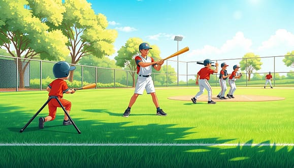 A dynamic illustration of a youth baseball hitting drills progression, showcasing three distinct stages: a kid using a batting tee in the foreground, a coach assisting with front toss in the middle, and a group of young players facing a live pitcher in the background. The scene is set on a sunny outdoor baseball field with bright blue skies and green grass, capturing a vibrant training atmosphere. Soft sunlight filters through the trees, casting gentle shadows on the ground. The young players are dressed in professional-looking baseball attire, focusing intently, while the coach demonstrates proper technique with an encouraging expression. The perspective is slightly elevated, offering a clear view of the progression, highlighting the importance of each stage in skill development. A dynamic illustration of a youth baseball hitting drills progression, showcasing three distinct stages: a kid using a batting tee in the foreground, a coach assisting with front toss in the middle, and a group of young players facing a live pitcher in the background. The scene is set on a sunny outdoor baseball field with bright blue skies and green grass, capturing a vibrant training atmosphere. Soft sunlight filters through the trees, casting gentle shadows on the ground. The young players are dressed in professional-looking baseball attire, focusing intently, while the coach demonstrates proper technique with an encouraging expression. The perspective is slightly elevated, offering a clear view of the progression, highlighting the importance of each stage in skill development.