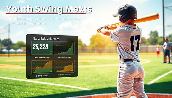 A dynamic illustration showcasing youth swing metrics related to exit velocity, featuring a young athlete mid-swing with a baseball bat in a training environment. In the foreground, the athlete is positioned at the peak of their swing, dressed in a professional sports uniform, demonstrating focus and determination. The middle ground includes a high-tech display screen showing key metrics such as "Exit Velocity," "Hard-Hit Percentage," and "Ball Flight Trajectory" in an innovative layout, with graphs and data points visually appealing. The background depicts a vibrant baseball field under bright, natural lighting, with a few blurred figures of coaches observing, enhancing the atmosphere of a focused training session. The overall mood is energetic and motivational, embodying the spirit of youth development in sports. A dynamic illustration showcasing youth swing metrics related to exit velocity, featuring a young athlete mid-swing with a baseball bat in a training environment. In the foreground, the athlete is positioned at the peak of their swing, dressed in a professional sports uniform, demonstrating focus and determination. The middle ground includes a high-tech display screen showing key metrics such as "Exit Velocity," "Hard-Hit Percentage," and "Ball Flight Trajectory" in an innovative layout, with graphs and data points visually appealing. The background depicts a vibrant baseball field under bright, natural lighting, with a few blurred figures of coaches observing, enhancing the atmosphere of a focused training session. The overall mood is energetic and motivational, embodying the spirit of youth development in sports.