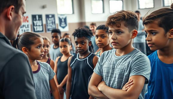A dynamic scene depicting a youth sports training environment focused on mental skills and confidence building. In the foreground, a diverse group of young athletes, wearing professional athletic gear, engages in a visualization exercise led by a coach. Their expressions reflect focus and determination. The middle ground features a training space with motivational posters on the walls, soft natural lighting filtering through windows, creating an inspirational atmosphere. In the background, supportive parents observe, emphasizing community involvement. The overall mood is one of growth, empowerment, and teamwork, with soft colors and dynamic angles that draw the viewer into the scene, highlighting the importance of mental strength in sports. A dynamic scene depicting a youth sports training environment focused on mental skills and confidence building. In the foreground, a diverse group of young athletes, wearing professional athletic gear, engages in a visualization exercise led by a coach. Their expressions reflect focus and determination. The middle ground features a training space with motivational posters on the walls, soft natural lighting filtering through windows, creating an inspirational atmosphere. In the background, supportive parents observe, emphasizing community involvement. The overall mood is one of growth, empowerment, and teamwork, with soft colors and dynamic angles that draw the viewer into the scene, highlighting the importance of mental strength in sports.