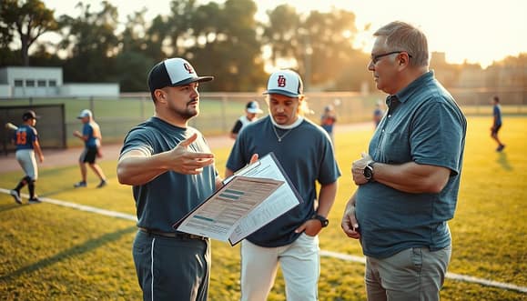 A dynamic scene showcasing a youth baseball coach and a parent in a sunlit baseball field, discussing athletic goal setting. In the foreground, the coach, wearing professional sports attire, gestures animatedly while holding a clipboard filled with personalized training programs. The parent, dressed in modest casual clothing, attentively listens, nodding in understanding. In the middle ground, young athletes practice in the background, demonstrating various baseball drills, embodying teamwork and progress. The soft, golden hour lighting casts a warm glow over the scene, enhancing a feeling of motivation and collaboration. The angle is slightly low, emphasizing the connection between the coach and parent, and capturing the energy of the training environment, creating a sense of focus and ambition. A dynamic scene showcasing a youth baseball coach and a parent in a sunlit baseball field, discussing athletic goal setting. In the foreground, the coach, wearing professional sports attire, gestures animatedly while holding a clipboard filled with personalized training programs. The parent, dressed in modest casual clothing, attentively listens, nodding in understanding. In the middle ground, young athletes practice in the background, demonstrating various baseball drills, embodying teamwork and progress. The soft, golden hour lighting casts a warm glow over the scene, enhancing a feeling of motivation and collaboration. The angle is slightly low, emphasizing the connection between the coach and parent, and capturing the energy of the training environment, creating a sense of focus and ambition.