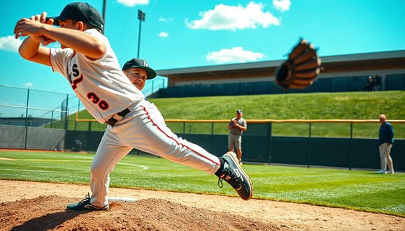 A dynamic sports scene capturing a youth baseball pitcher mid-delivery, emphasizing the concept of "sticky external cues." In the foreground, the pitcher, a young athlete in a professional baseball uniform, focuses intensely on an external target, such as a glove held by a coach outside the pitcher's mound. In the middle ground, a coach gestures, demonstrating the cue with an encouraging expression. The background features a well-maintained baseball field with green grass and a bright blue sky, showcasing ideal outdoor conditions. Use natural lighting to create an open and uplifting atmosphere, capturing the excitement of the moment. The scene should be framed with a slight low-angle perspective to emphasize the pitcher’s form and concentration, ensuring a professional yet motivating ambiance. A dynamic sports scene capturing a youth baseball pitcher mid-delivery, emphasizing the concept of "sticky external cues." In the foreground, the pitcher, a young athlete in a professional baseball uniform, focuses intensely on an external target, such as a glove held by a coach outside the pitcher's mound. In the middle ground, a coach gestures, demonstrating the cue with an encouraging expression. The background features a well-maintained baseball field with green grass and a bright blue sky, showcasing ideal outdoor conditions. Use natural lighting to create an open and uplifting atmosphere, capturing the excitement of the moment. The scene should be framed with a slight low-angle perspective to emphasize the pitcher’s form and concentration, ensuring a professional yet motivating ambiance.