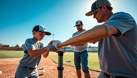 A dynamic youth baseball training scene showcasing an optimal bat path during tee training. In the foreground, a young athlete in a fitted sports jersey and cap focuses intently on a baseball positioned on a tee, demonstrating proper grip and posture. The middle ground features a baseball coach, dressed in modest casual attire, providing constructive feedback and guidance. They stand beside a training tee with various baseballs scattered around, indicating different drill progressions. The background depicts a well-maintained baseball field under bright, natural sunlight, with clear blue skies, enhancing the energetic and motivational atmosphere. The angle captures both the athlete and coach from a low perspective, emphasizing the intensity and determination of the training. A dynamic youth baseball training scene showcasing an optimal bat path during tee training. In the foreground, a young athlete in a fitted sports jersey and cap focuses intently on a baseball positioned on a tee, demonstrating proper grip and posture. The middle ground features a baseball coach, dressed in modest casual attire, providing constructive feedback and guidance. They stand beside a training tee with various baseballs scattered around, indicating different drill progressions. The background depicts a well-maintained baseball field under bright, natural sunlight, with clear blue skies, enhancing the energetic and motivational atmosphere. The angle captures both the athlete and coach from a low perspective, emphasizing the intensity and determination of the training.