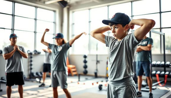 A group of youth baseball players engaged in a strength training session, set in a modern gym environment. In the foreground, a young athlete performs a shoulder press with focused determination, wearing a fitted, modest athletic shirt and shorts. To the left, another player practices dynamic stretches, ensuring mobility, while a coach observes, providing guidance. In the middle ground, various strength training equipment like dumbbells and resistance bands are neatly arranged, highlighting an organized training space. In the background, large windows let in natural light, illuminating the scene and creating an energetic atmosphere. The composition captures a sense of teamwork and dedication, emphasizing the integration of strength training into their routines. A group of youth baseball players engaged in a strength training session, set in a modern gym environment. In the foreground, a young athlete performs a shoulder press with focused determination, wearing a fitted, modest athletic shirt and shorts. To the left, another player practices dynamic stretches, ensuring mobility, while a coach observes, providing guidance. In the middle ground, various strength training equipment like dumbbells and resistance bands are neatly arranged, highlighting an organized training space. In the background, large windows let in natural light, illuminating the scene and creating an energetic atmosphere. The composition captures a sense of teamwork and dedication, emphasizing the integration of strength training into their routines.