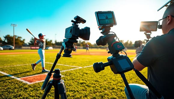 A vibrant youth baseball field captured during a late afternoon practice session, showcasing various filming angles for video analysis. In the foreground, a tripod-mounted camera with a wide-angle lens is focused on a young player at bat, demonstrating proper swing technique. The middle ground features a coach observing with a tablet in hand, taking notes on angles and frame rates. Two additional cameras are set up at different positions: one capturing side view from behind the batter and another from the outfield, emphasizing versatility in filming techniques. The background displays a clear blue sky with soft sunlight illuminating the scene, creating a dynamic yet professional atmosphere. Emphasize perfect lighting conditions, highlighting the importance of FPS and angle variations in capturing biomechanical movements.