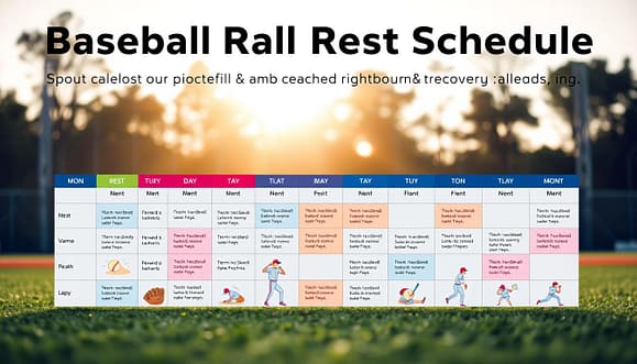 A visually appealing weekly baseball rest days schedule illustrating the differences between pitchers and position players. In the foreground, display a neatly organized weekly planner with colorful sections for each day, detailing rest and training activities for both roles. In the middle ground, depict illustrated icons of baseball gear—such as a glove, bat, and ball—alongside images of pitchers in warm-up stretches and position players engaging in light exercises. The background features a subtle baseball field setting with soft sunlight filtering through trees, creating a serene yet focused atmosphere. Use a soft focus lens effect to enhance clarity on the planner while providing a sense of depth. The overall mood should be encouraging and informative, aimed at youth baseball coaches and players dedicated to arm care and recovery routines. A visually appealing weekly baseball rest days schedule illustrating the differences between pitchers and position players. In the foreground, display a neatly organized weekly planner with colorful sections for each day, detailing rest and training activities for both roles. In the middle ground, depict illustrated icons of baseball gear—such as a glove, bat, and ball—alongside images of pitchers in warm-up stretches and position players engaging in light exercises. The background features a subtle baseball field setting with soft sunlight filtering through trees, creating a serene yet focused atmosphere. Use a soft focus lens effect to enhance clarity on the planner while providing a sense of depth. The overall mood should be encouraging and informative, aimed at youth baseball coaches and players dedicated to arm care and recovery routines.