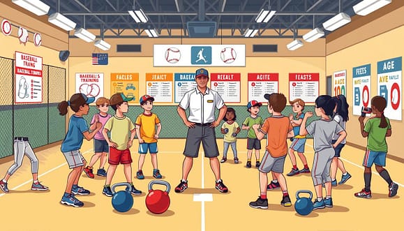 A visually engaging illustration that encapsulates the concept of a baseball off-season program across different age groups. In the foreground, a diverse group of youth athletes aged 8 to 18 in modest athletic wear is gathered in a dynamic training session; they are performing strength and conditioning exercises with various equipment like kettlebells and resistance bands. The middle ground showcases a coach, dressed in professional coaching attire, attentively leading the session, demonstrating exercises, and offering encouragement. The background features a training facility with baseball-themed decor, bright lighting emphasizing energy and enthusiasm, and posters displaying age-specific programming. The overall atmosphere conveys motivation, teamwork, and the importance of year-round training tailored to different developmental stages. A visually engaging illustration that encapsulates the concept of a baseball off-season program across different age groups. In the foreground, a diverse group of youth athletes aged 8 to 18 in modest athletic wear is gathered in a dynamic training session; they are performing strength and conditioning exercises with various equipment like kettlebells and resistance bands. The middle ground showcases a coach, dressed in professional coaching attire, attentively leading the session, demonstrating exercises, and offering encouragement. The background features a training facility with baseball-themed decor, bright lighting emphasizing energy and enthusiasm, and posters displaying age-specific programming. The overall atmosphere conveys motivation, teamwork, and the importance of year-round training tailored to different developmental stages.