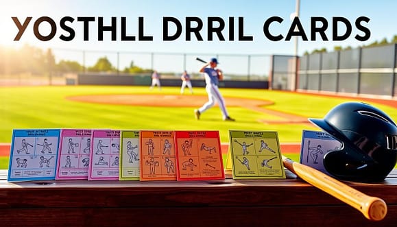 A vivid, well-organized visual representation of baseball drill cards designed for youth hitting biomechanics. In the foreground, a colorful array of drill cards displayed on a wooden sports bench, each featuring simple illustrated examples of various hitting drills. In the middle ground, a baseball bat rests beside a helmet, symbolizing training tools. The background shows a sunlit baseball field with a focus on a silhouette of a player practicing a swing, capturing motion and energy. Soft, natural lighting illuminates the scene, creating an inviting atmosphere. The image conveys professionalism and enthusiasm for youth baseball training, ensuring clarity and visual appeal without any text or distractions. A vivid, well-organized visual representation of baseball drill cards designed for youth hitting biomechanics. In the foreground, a colorful array of drill cards displayed on a wooden sports bench, each featuring simple illustrated examples of various hitting drills. In the middle ground, a baseball bat rests beside a helmet, symbolizing training tools. The background shows a sunlit baseball field with a focus on a silhouette of a player practicing a swing, capturing motion and energy. Soft, natural lighting illuminates the scene, creating an inviting atmosphere. The image conveys professionalism and enthusiasm for youth baseball training, ensuring clarity and visual appeal without any text or distractions.
