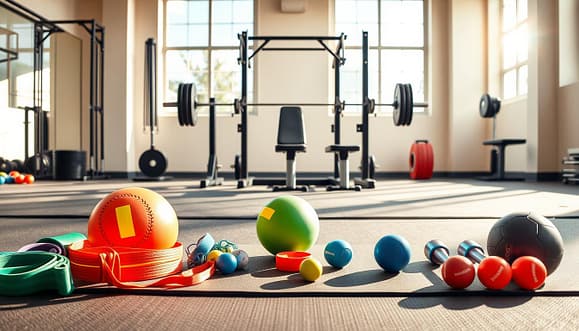 A youth baseball training environment showcasing various strength training equipment tailored for young athletes. In the foreground, a set of colorful bodyweight training tools, like resistance bands, medicine balls, and small weights, arranged neatly on a gym mat. In the middle, a compact weight training station with adjustable benches and lighter barbells, designed for younger users. The background features a bright, inviting gym space with large windows allowing natural light to flood in, illuminating the area. Soft shadows are cast on the floor, suggesting a lively yet focused atmosphere. The image should evoke a sense of motivation and energy, highlighting the importance of age-appropriate strength training for youth baseball enthusiasts. A youth baseball training environment showcasing various strength training equipment tailored for young athletes. In the foreground, a set of colorful bodyweight training tools, like resistance bands, medicine balls, and small weights, arranged neatly on a gym mat. In the middle, a compact weight training station with adjustable benches and lighter barbells, designed for younger users. The background features a bright, inviting gym space with large windows allowing natural light to flood in, illuminating the area. Soft shadows are cast on the floor, suggesting a lively yet focused atmosphere. The image should evoke a sense of motivation and energy, highlighting the importance of age-appropriate strength training for youth baseball enthusiasts.