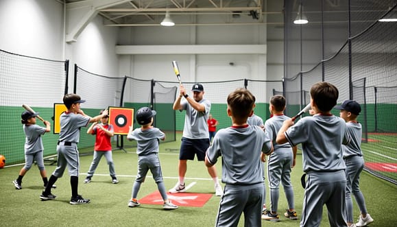 A youth baseball training scene focused on "timing windows" drills. In the foreground, a diverse group of young players in matching athletic attire are practicing their swings in a well-maintained baseball training facility. In the middle, a coach demonstrates proper stance and timing with a bat, showing a clear focus on mechanics. Around them, colorful training aids like adjustable hitting targets and timing screens are visible. In the background, a bright and well-lit indoor facility with high ceilings, showcasing batting cages and soft turf. The atmosphere is energetic and supportive, conveying a sense of determination and teamwork. Soft, even lighting highlights the players' movements, and a slight depth of field blurs the background to keep attention on the action. A youth baseball training scene focused on "timing windows" drills. In the foreground, a diverse group of young players in matching athletic attire are practicing their swings in a well-maintained baseball training facility. In the middle, a coach demonstrates proper stance and timing with a bat, showing a clear focus on mechanics. Around them, colorful training aids like adjustable hitting targets and timing screens are visible. In the background, a bright and well-lit indoor facility with high ceilings, showcasing batting cages and soft turf. The atmosphere is energetic and supportive, conveying a sense of determination and teamwork. Soft, even lighting highlights the players' movements, and a slight depth of field blurs the background to keep attention on the action.