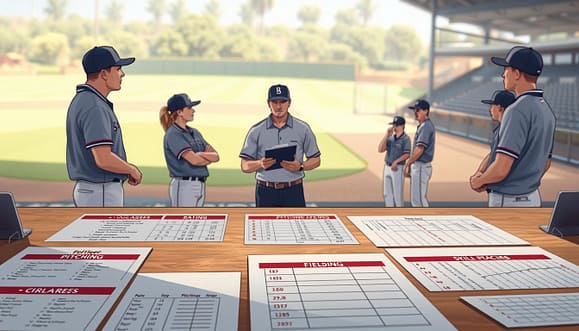 A detailed illustration of a Brigade Baseball Individual Development Plan structure, showcasing a table with organized sections for player goals, metrics, and progress tracking. In the foreground, focus on neatly arranged papers and charts depicting skill areas such as batting, pitching, and fielding, with clearly marked metrics for each player. In the middle ground, a professional coach in modest casual attire stands attentively with a clipboard, surrounded by players engaged in discussion, indicating a collaborative atmosphere. The background features a well-maintained baseball field, with soft, natural lighting casting gentle shadows, evoking a sense of focus and determination. The overall mood should convey professionalism and aspiration, emphasizing the importance of structured development in sports. A detailed illustration of a Brigade Baseball Individual Development Plan structure, showcasing a table with organized sections for player goals, metrics, and progress tracking. In the foreground, focus on neatly arranged papers and charts depicting skill areas such as batting, pitching, and fielding, with clearly marked metrics for each player. In the middle ground, a professional coach in modest casual attire stands attentively with a clipboard, surrounded by players engaged in discussion, indicating a collaborative atmosphere. The background features a well-maintained baseball field, with soft, natural lighting casting gentle shadows, evoking a sense of focus and determination. The overall mood should convey professionalism and aspiration, emphasizing the importance of structured development in sports.