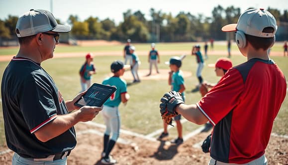 A dynamic, engaging youth baseball training environment filled with young athletes aged 10 to 12, showcasing them practicing various skills. In the foreground, a coach, dressed in a professional baseball uniform, is observing players and analyzing stats presented on a tablet. The middle ground features players in action, practicing pitching, batting, and catching, with colorful baseball gear and gloves. The background captures a well-maintained baseball diamond, under bright afternoon sunlight, emphasizing an active and lively atmosphere. The scene is framed with slight depth of field, making players the focal point while softening the background. Overall, the image should evoke a sense of enthusiasm, teamwork, and focused development in youth baseball training. A dynamic, engaging youth baseball training environment filled with young athletes aged 10 to 12, showcasing them practicing various skills. In the foreground, a coach, dressed in a professional baseball uniform, is observing players and analyzing stats presented on a tablet. The middle ground features players in action, practicing pitching, batting, and catching, with colorful baseball gear and gloves. The background captures a well-maintained baseball diamond, under bright afternoon sunlight, emphasizing an active and lively atmosphere. The scene is framed with slight depth of field, making players the focal point while softening the background. Overall, the image should evoke a sense of enthusiasm, teamwork, and focused development in youth baseball training.