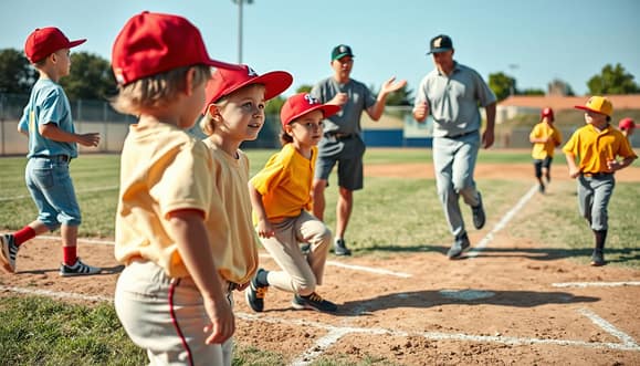 A dynamic youth baseball base running decision drill in action, focusing on children aged 8-12 wearing colorful, modest baseball uniforms and caps. In the foreground, a young player is hesitating at the base, eyes keenly scanning the field for coach signals and teammate positions. In the middle ground, a coach gestures animatedly, providing instruction, while other players are seen in various stages of running to the next base. The background features a well-maintained baseball field with bases, home plate, and a clear blue sky. Soft afternoon lighting casts gentle shadows, creating an energetic, focused atmosphere. The angle captures both player expressions and the urgency of decision-making in base running, emphasizing the importance of awareness and strategy in the game. A dynamic youth baseball base running decision drill in action, focusing on children aged 8-12 wearing colorful, modest baseball uniforms and caps. In the foreground, a young player is hesitating at the base, eyes keenly scanning the field for coach signals and teammate positions. In the middle ground, a coach gestures animatedly, providing instruction, while other players are seen in various stages of running to the next base. The background features a well-maintained baseball field with bases, home plate, and a clear blue sky. Soft afternoon lighting casts gentle shadows, creating an energetic, focused atmosphere. The angle captures both player expressions and the urgency of decision-making in base running, emphasizing the importance of awareness and strategy in the game.