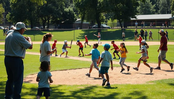 A lively youth baseball practice scene set in a sunny park. In the foreground, parent helpers, dressed in modest casual clothing, are actively managing various practice stations. One helper demonstrates a pitching technique, while another guides a group of kids practicing fielding. In the middle ground, multiple baseball drills are taking place, with children of diverse backgrounds engaging in batting, catching, and running bases, showcasing teamwork and enthusiasm. The background features a baseball diamond, green grass, and parents watching from a distance, emphasizing the community spirit. Soft, natural lighting illuminates the scene, creating a warm atmosphere, captured with a slightly elevated angle to encompass the lively activity of the practice. A lively youth baseball practice scene set in a sunny park. In the foreground, parent helpers, dressed in modest casual clothing, are actively managing various practice stations. One helper demonstrates a pitching technique, while another guides a group of kids practicing fielding. In the middle ground, multiple baseball drills are taking place, with children of diverse backgrounds engaging in batting, catching, and running bases, showcasing teamwork and enthusiasm. The background features a baseball diamond, green grass, and parents watching from a distance, emphasizing the community spirit. Soft, natural lighting illuminates the scene, creating a warm atmosphere, captured with a slightly elevated angle to encompass the lively activity of the practice.