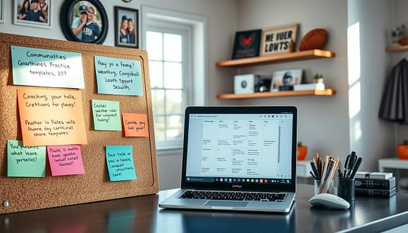 A neatly organized desk setup in a bright, inviting room dedicated to youth sports communication. In the foreground, there's a corkboard with colorful note cards displaying various message templates for coaches: reminders about practice schedules, weather updates, praise for players, and constructive corrections. In the middle, an open laptop shows a calendar app filled with game-day roles and expectations. The background features family photos and sports memorabilia, creating a warm and motivational atmosphere. Soft, natural lighting streams in from a nearby window, casting gentle shadows and bringing life to the scene. The overall mood is supportive and encouraging, ideal for fostering open communication in youth baseball.