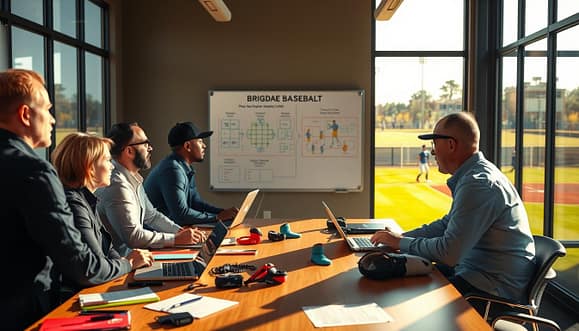A professional meeting scene at a Brigade Baseball facility in Texas. In the foreground, a diverse group of adults, dressed in business casual attire, are engaged in a discussion over a conference table, with laptops, notepads, and baseball gear scattered around. In the middle ground, a whiteboard filled with tactical charts and player development pathways signifies the focus on elite coaching. The background showcases a vibrant baseball field under warm afternoon sunlight, with a blurred image of young athletes practicing in the distance. Soft shadows cast by large windows create a warm, inviting atmosphere, while the angled view from slightly above captures the dynamic interaction of the group, emphasizing collaboration and engagement in youth player development strategies. A professional meeting scene at a Brigade Baseball facility in Texas. In the foreground, a diverse group of adults, dressed in business casual attire, are engaged in a discussion over a conference table, with laptops, notepads, and baseball gear scattered around. In the middle ground, a whiteboard filled with tactical charts and player development pathways signifies the focus on elite coaching. The background showcases a vibrant baseball field under warm afternoon sunlight, with a blurred image of young athletes practicing in the distance. Soft shadows cast by large windows create a warm, inviting atmosphere, while the angled view from slightly above captures the dynamic interaction of the group, emphasizing collaboration and engagement in youth player development strategies.